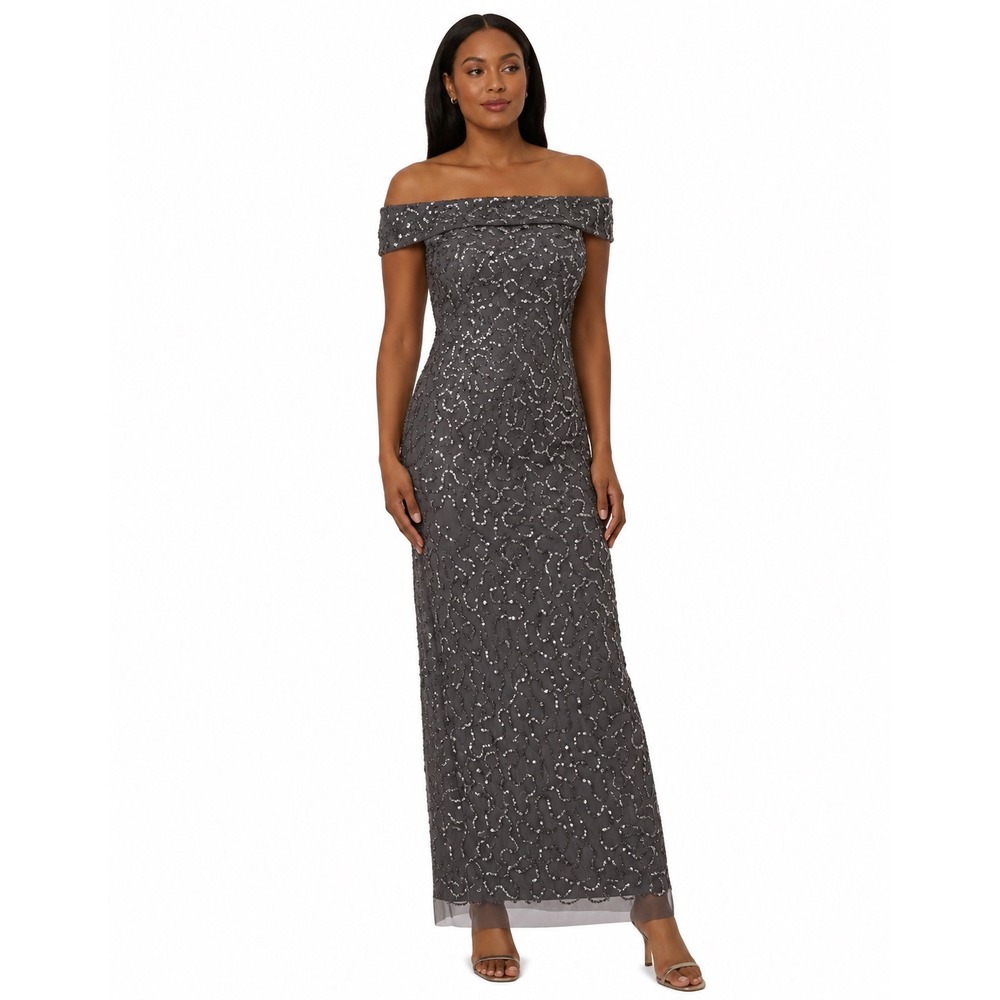 Papell Studio Adrianna Papell‎ Sequin Off Shoulder Formal Evening Gown Grey 4